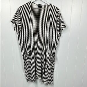 Coco & Carmen Womens Long Line Duster OS Black/White Stripes Pockets High Slits